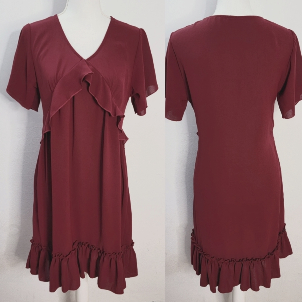 Womens Maroon V-neck Short Sleeve Ruffle Dress Size Medium
